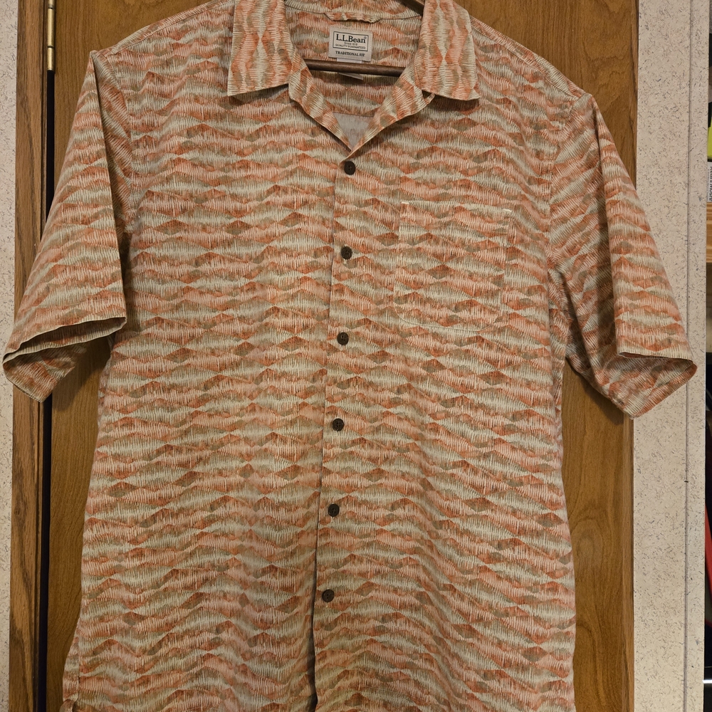 Vintage L.L. Bean Cotton Shirt in Muted Orange and Green, short Sleeve